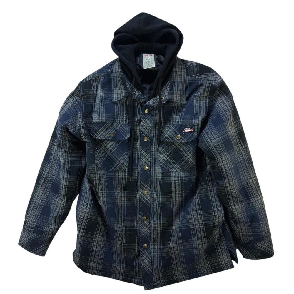 Dickies Mens Hooded Plaid Work Jacket Blue Black Snap Zip L